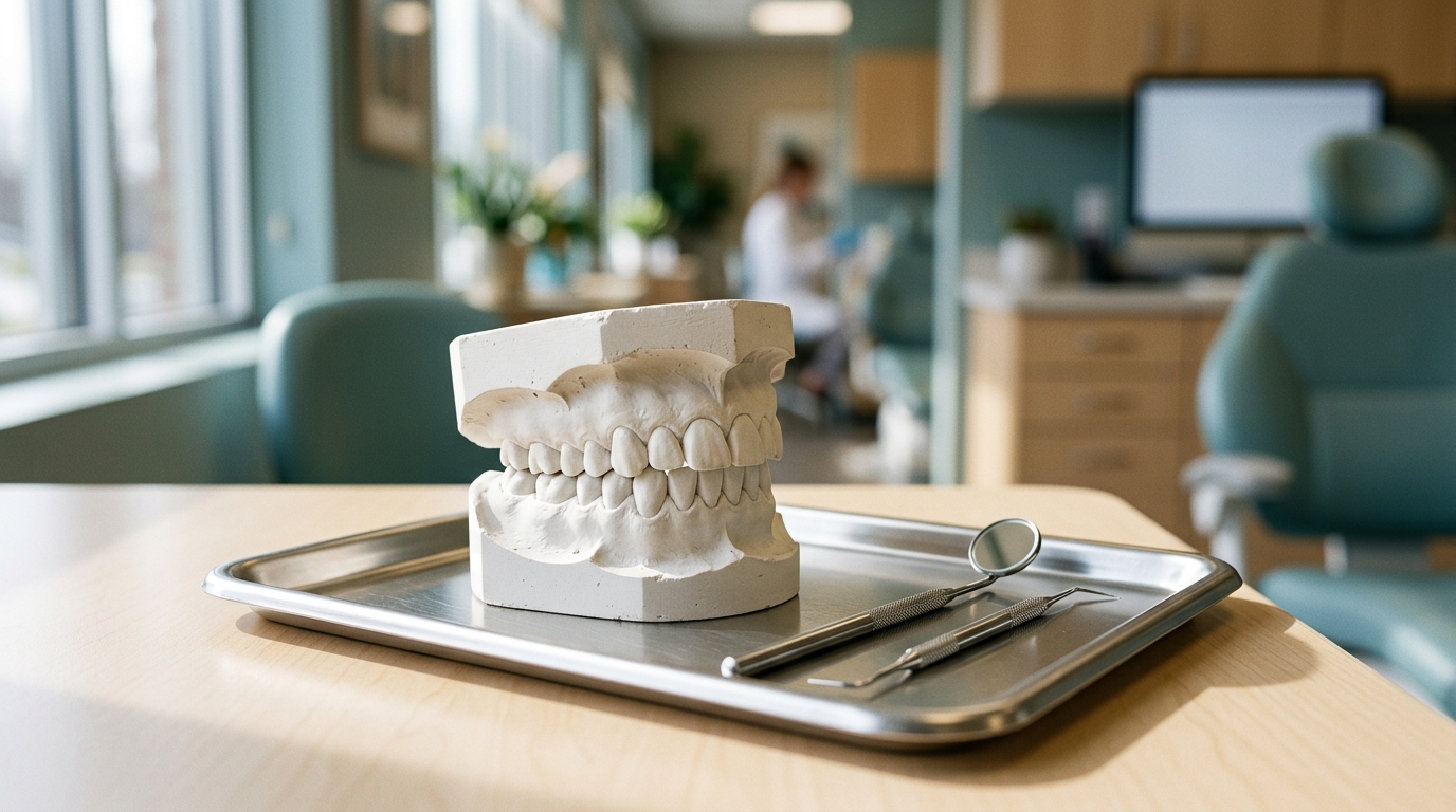 Modelo dental de escayola con sobremordida sobre una bandeja metálica en una consulta odontológica