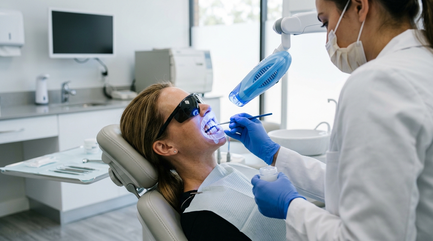 Odontóloga aplicando gel blanqueador con lámpara LED a una paciente en la clínica dental