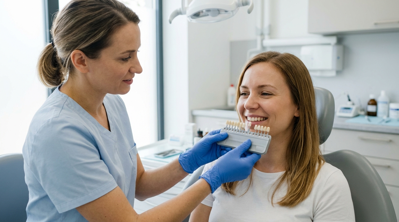 Odontóloga comparando el color de los dientes con una guía de tonos en una revisión