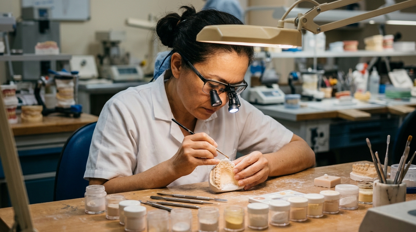 Técnica de laboratorio dental caracterizando una carilla cerámica sobre un modelo de escayola