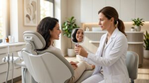 Consulta de estética dental con espejo de mano durante la valoración de la sonrisa
