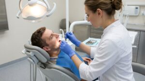Revisión odontológica de dientes y encías con espejo dental en una clínica moderna