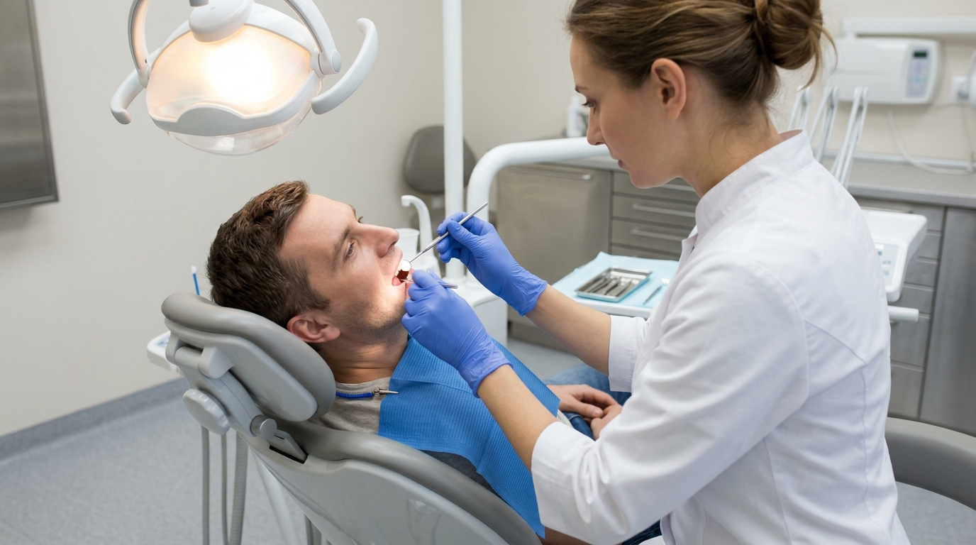 Revisión odontológica de dientes y encías con espejo dental en una clínica moderna