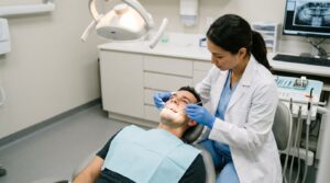 Revisión dental en una clínica con radiografía panorámica en el monitor del gabinete