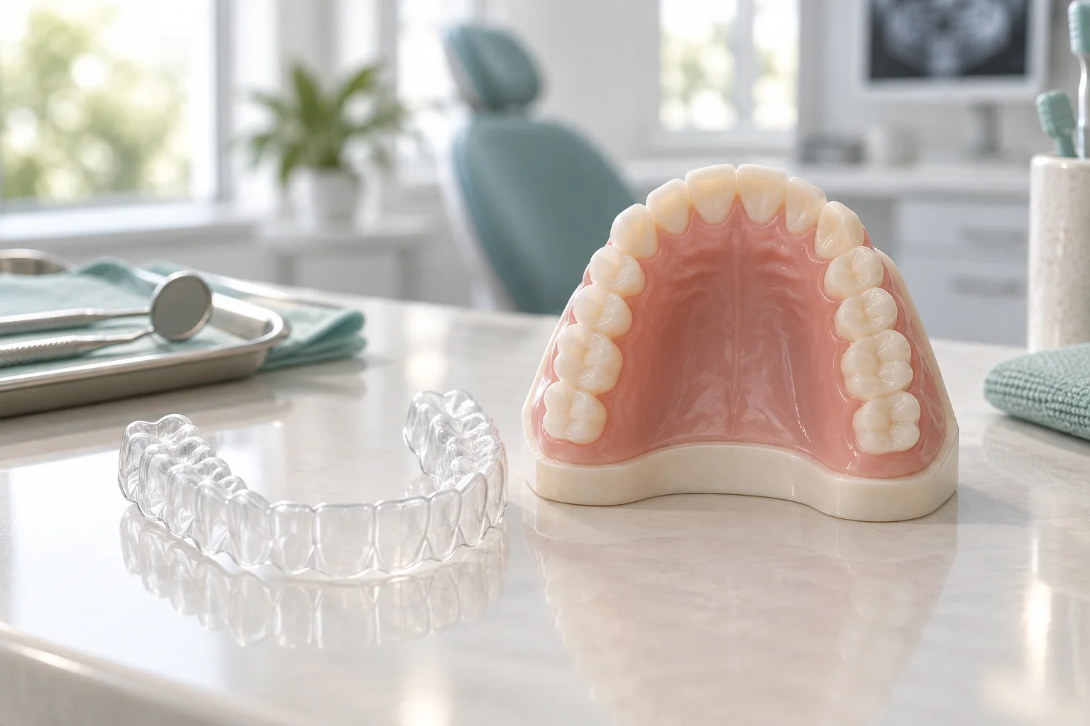 Alineador transparente junto a un modelo dental