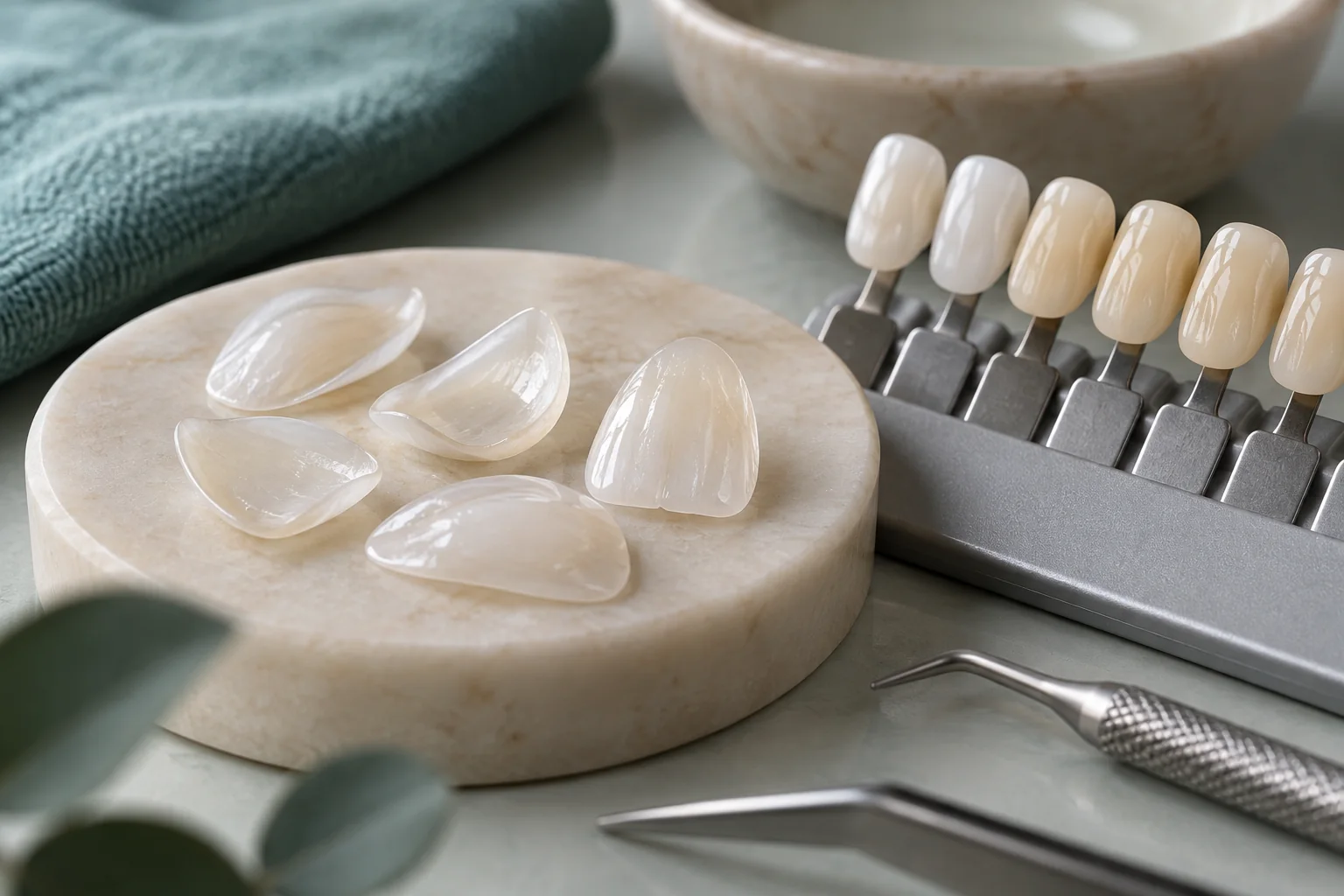 Carillas de porcelana y guía de tonos en un laboratorio dental