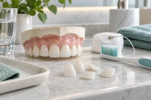 Modelo dental, carillas y utensilios de higiene para su mantenimiento