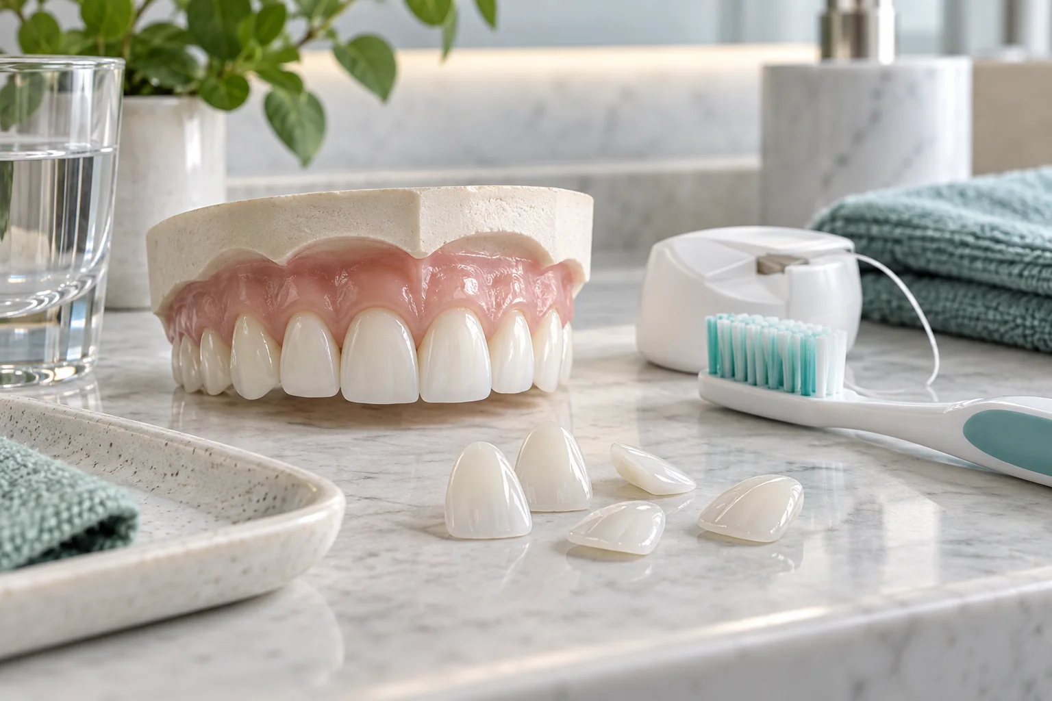 Modelo dental, carillas y utensilios de higiene para su mantenimiento