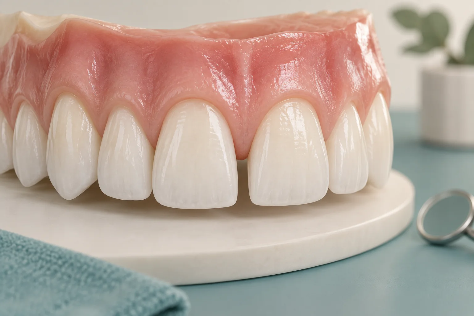 Modelo dental ilustrativo con espacio entre los incisivos centrales