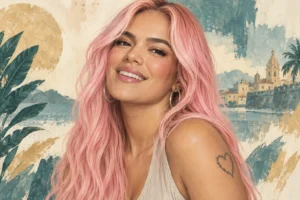 Ilustración editorial de Karol G sonriendo