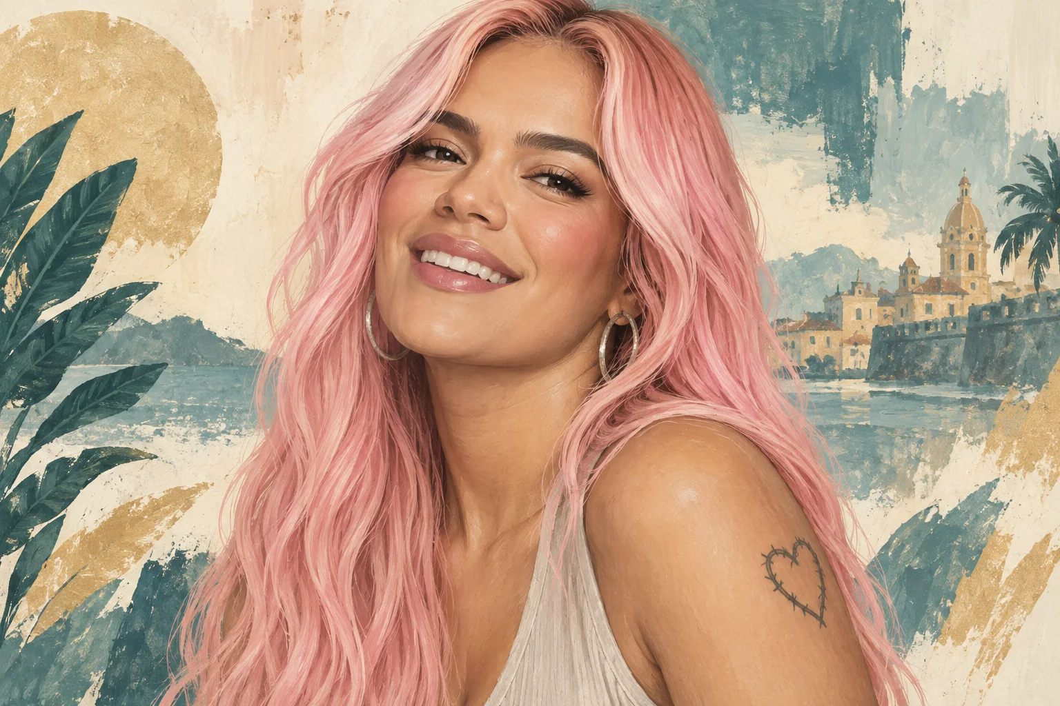 Ilustración editorial de Karol G sonriendo