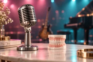 Micrófono musical junto a un modelo dental, imagen conceptual