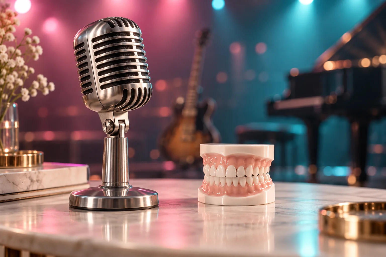 Micrófono musical junto a un modelo dental, imagen conceptual
