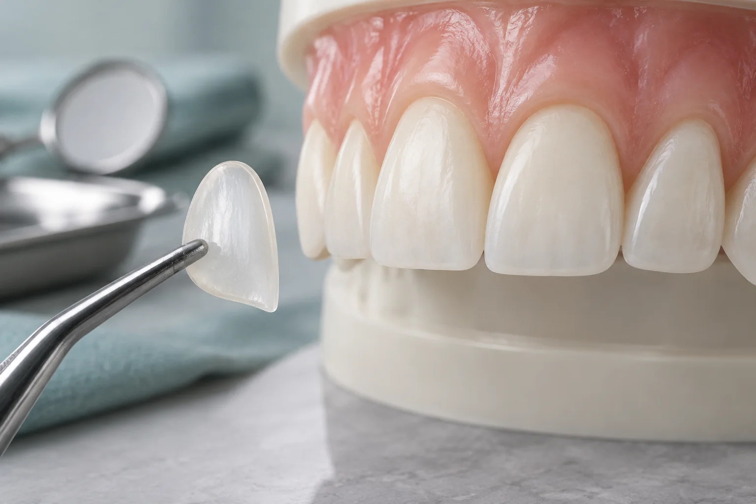 Lámina dental fina junto a un diente modelo