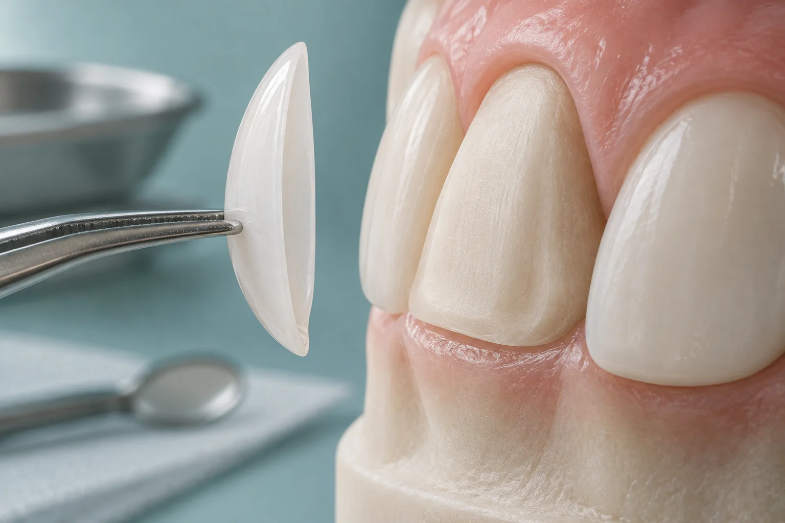 Carilla de porcelana fina junto a un modelo dental