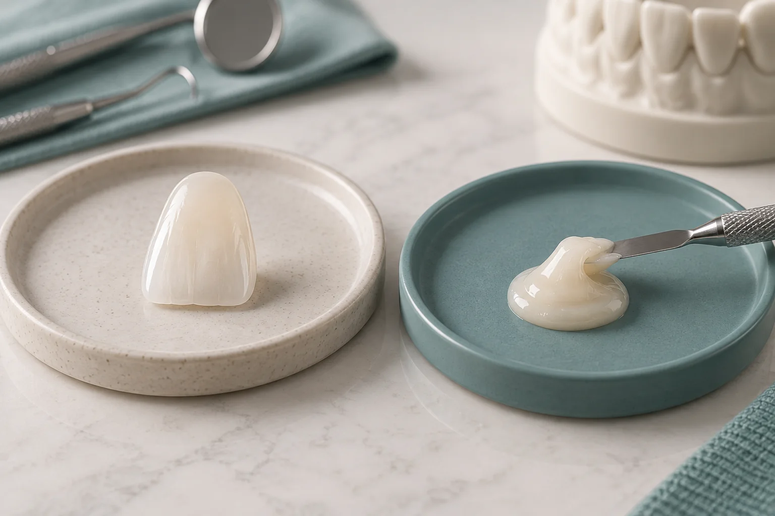 Muestras de porcelana y composite para restauraciones dentales