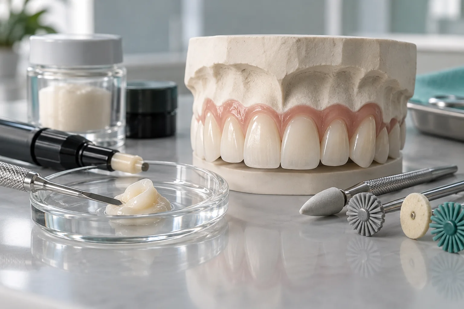 Material de composite y modelo dental para explicar cuidados