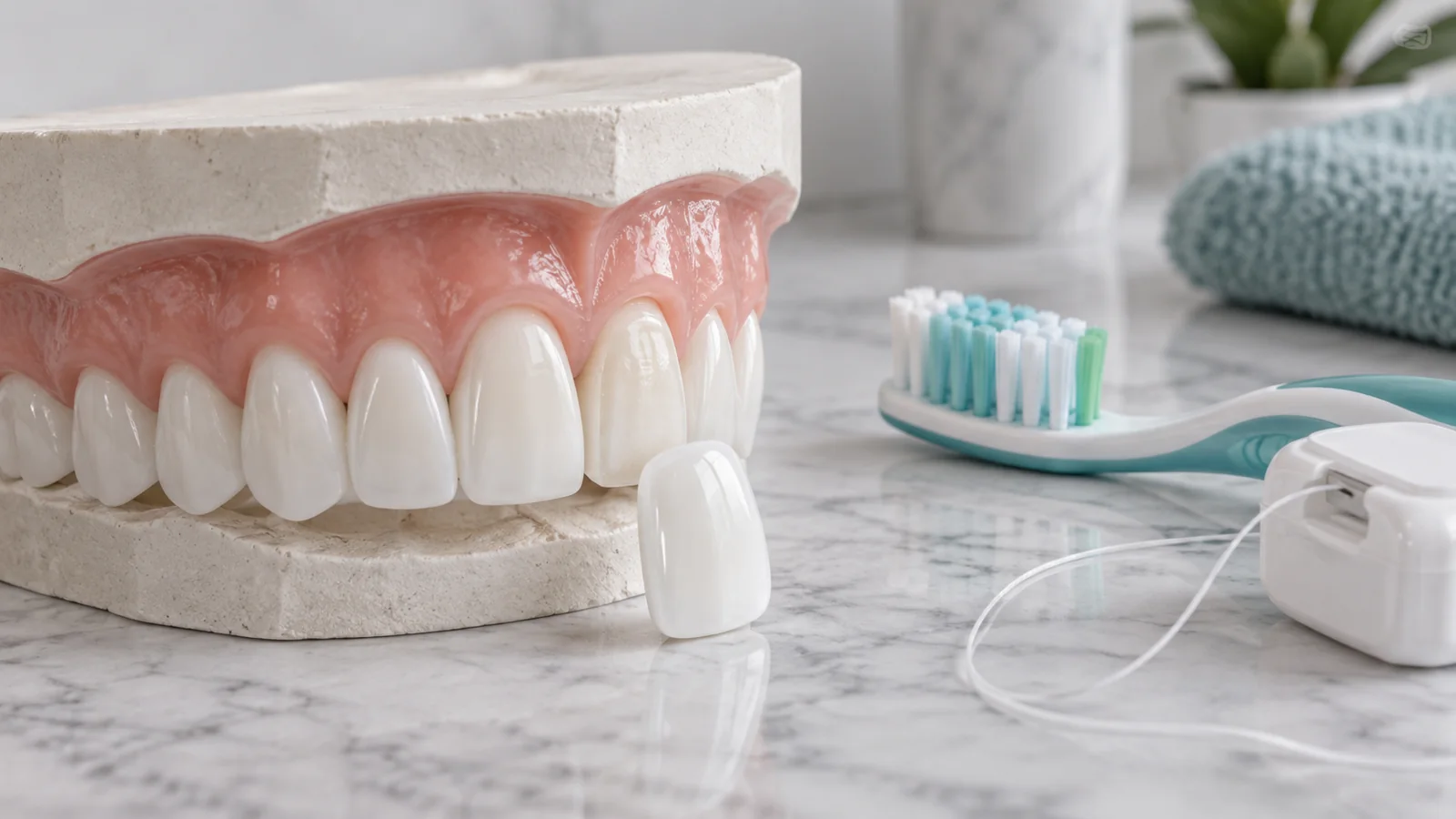 Carilla de porcelana y utensilios de higiene dental