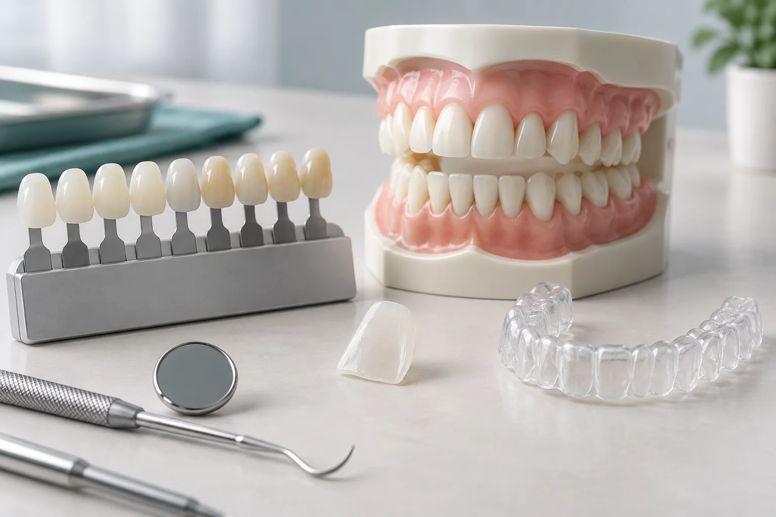 Materiales de estética dental sobre un modelo de dientes