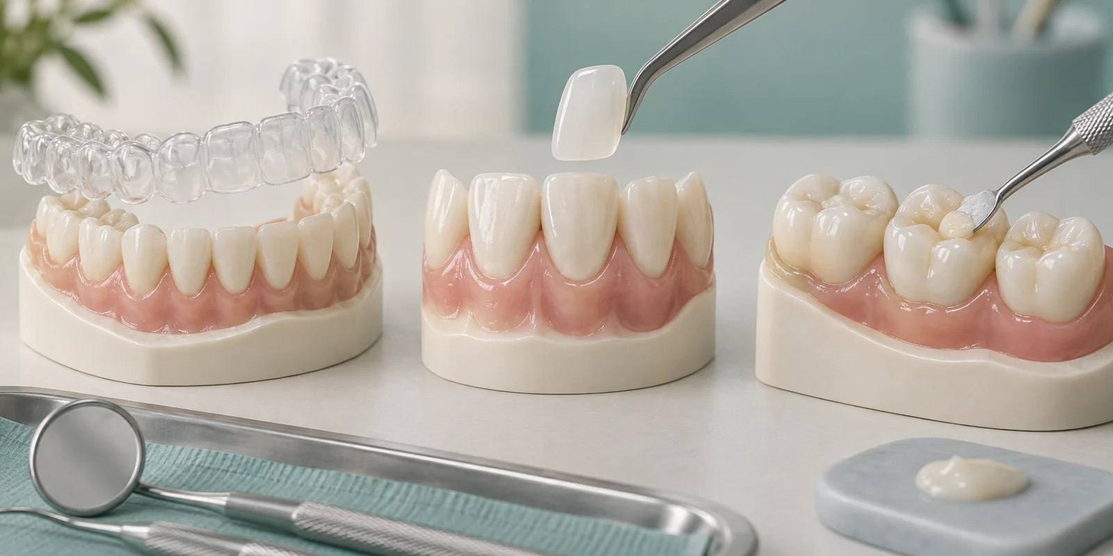 Opciones de tratamiento dental representadas con modelos clínicos
