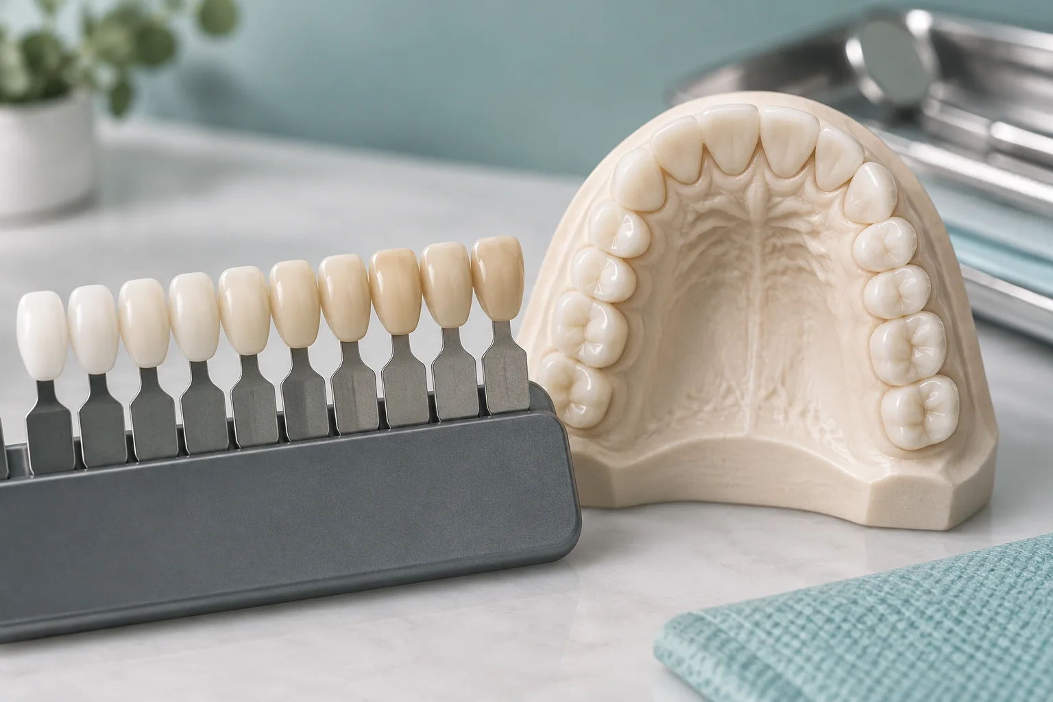 Guía de tonos y modelo dental para valorar la estética de la sonrisa