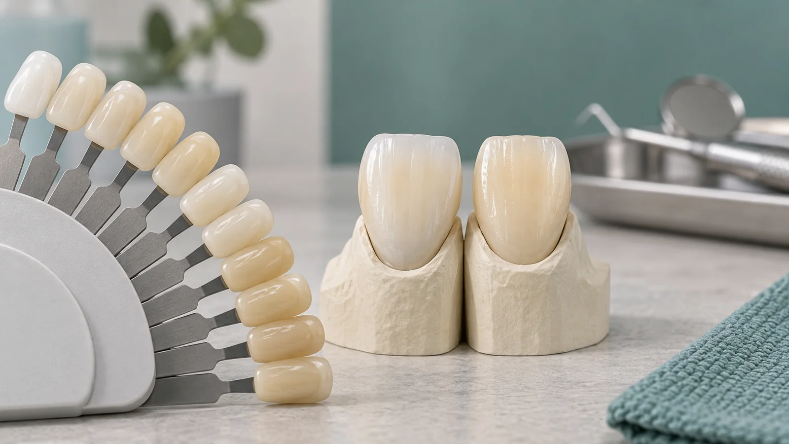 Modelos dentales y guía de tonos para explicar opciones de estética dental