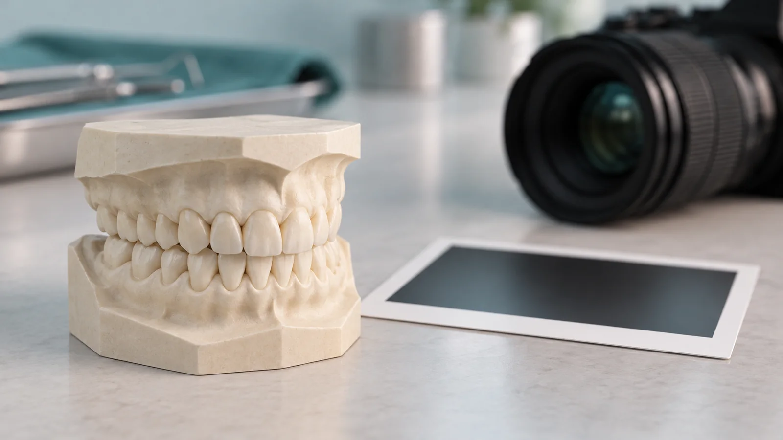 Modelo dental y fotografía genérica para explicar los límites de una imagen