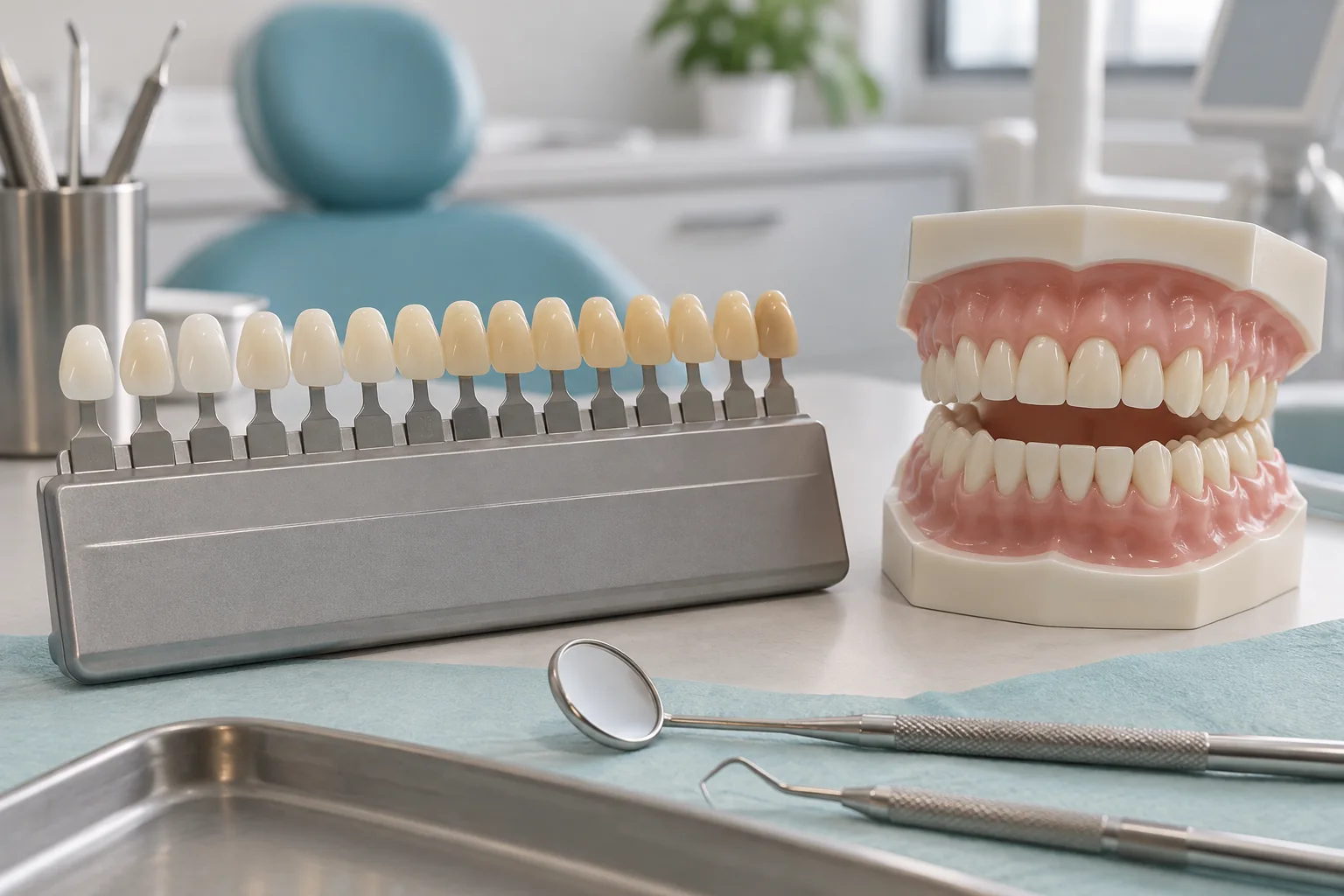 Guía de tonos y modelo dental para una consulta estética