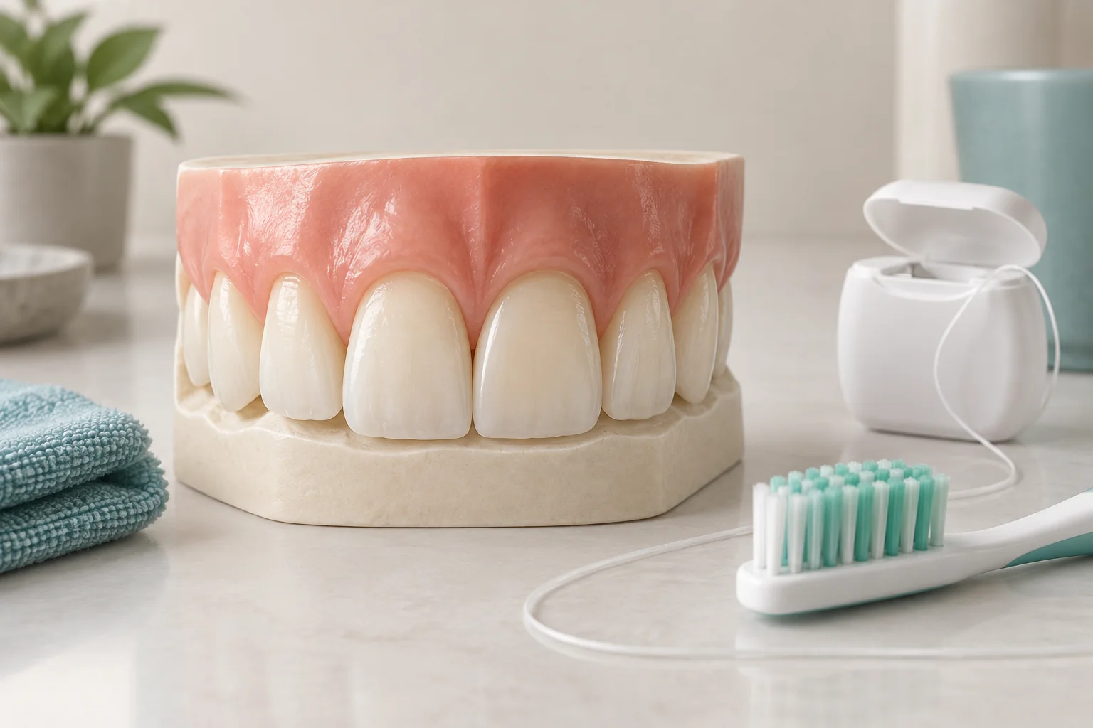 Cepillo suave e hilo dental junto a una restauración de composite