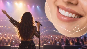 Escenario musical ilustrado y detalle de una sonrisa genérica