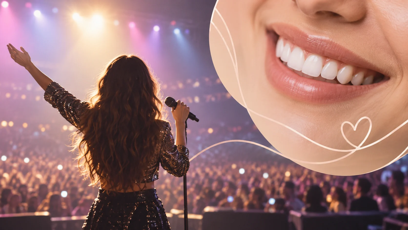 Escenario musical ilustrado y detalle de una sonrisa genérica